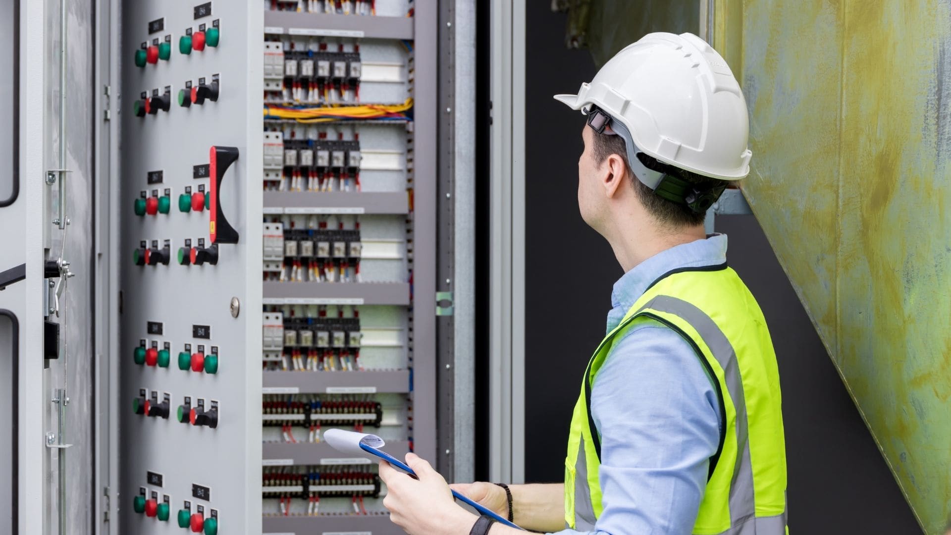 Commercial electrician in safety gear inspecting an industrial electrical panel