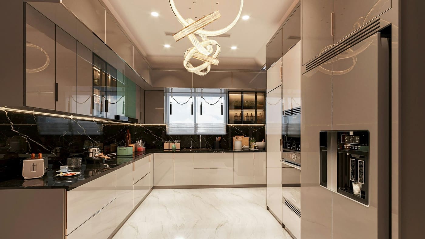 Dramatic accent lighting in a black marble kitchen