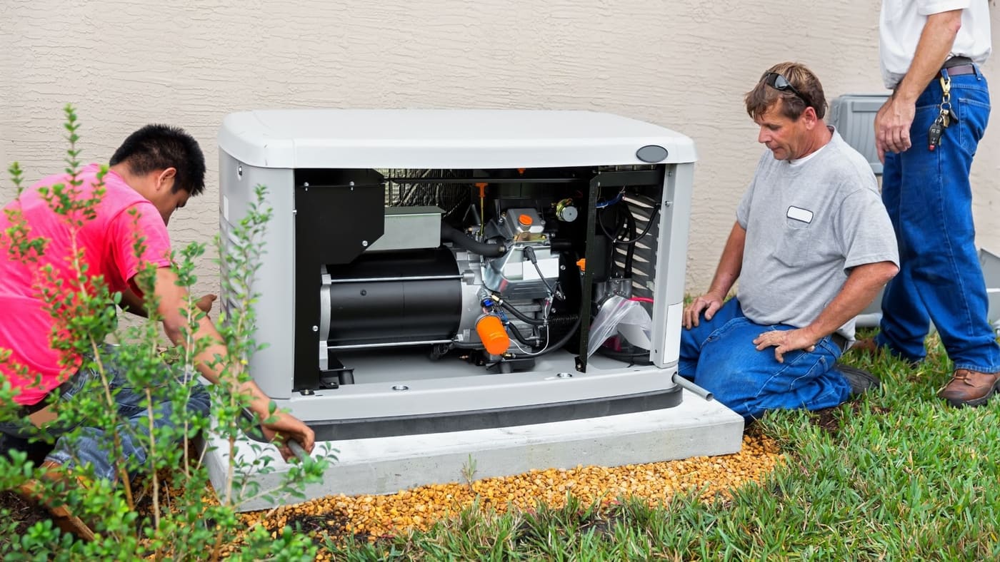 Two technicians servicing a backup generator at a residential property