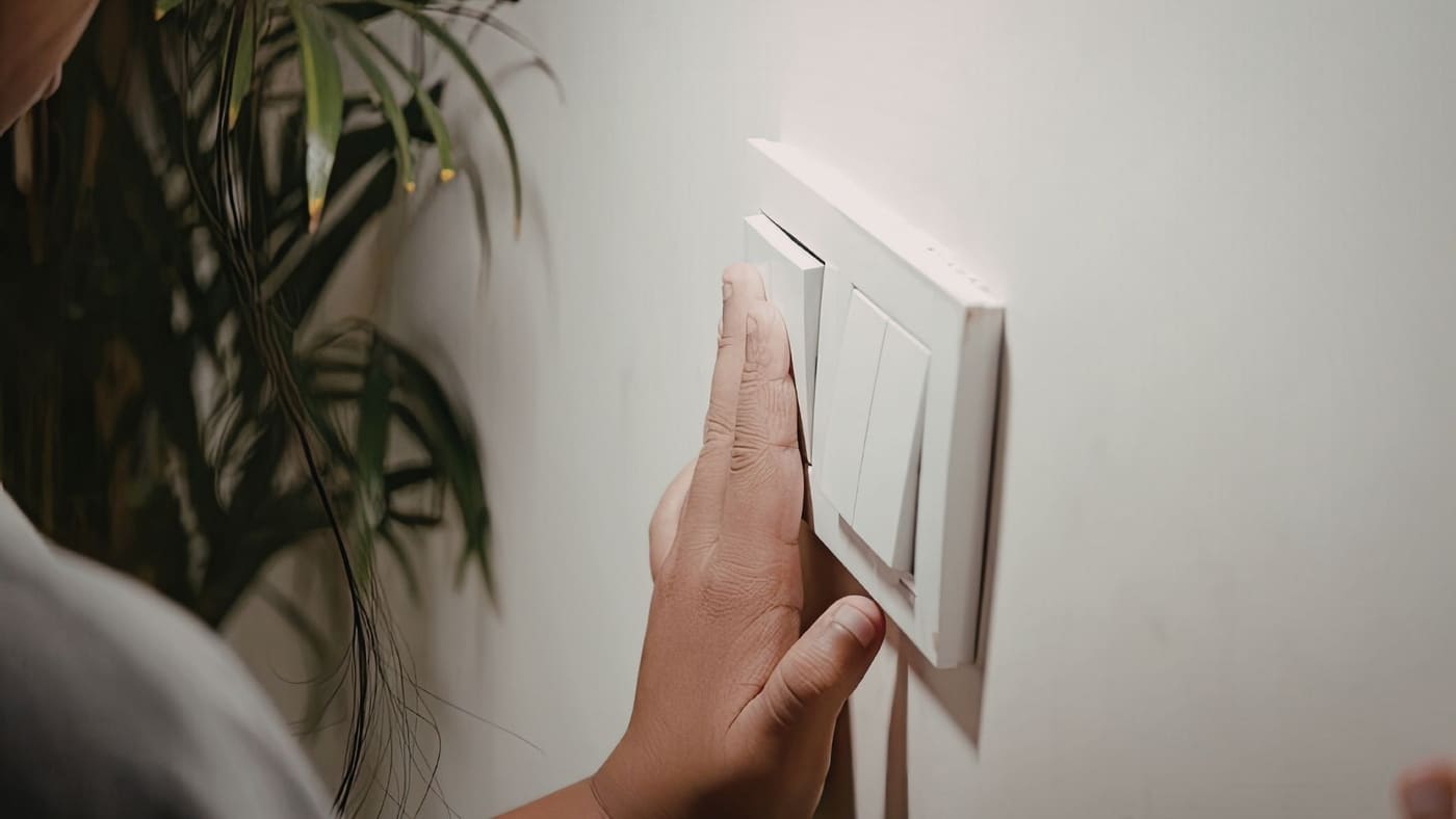 Newly installed wall light switch with a clean white cover plate
