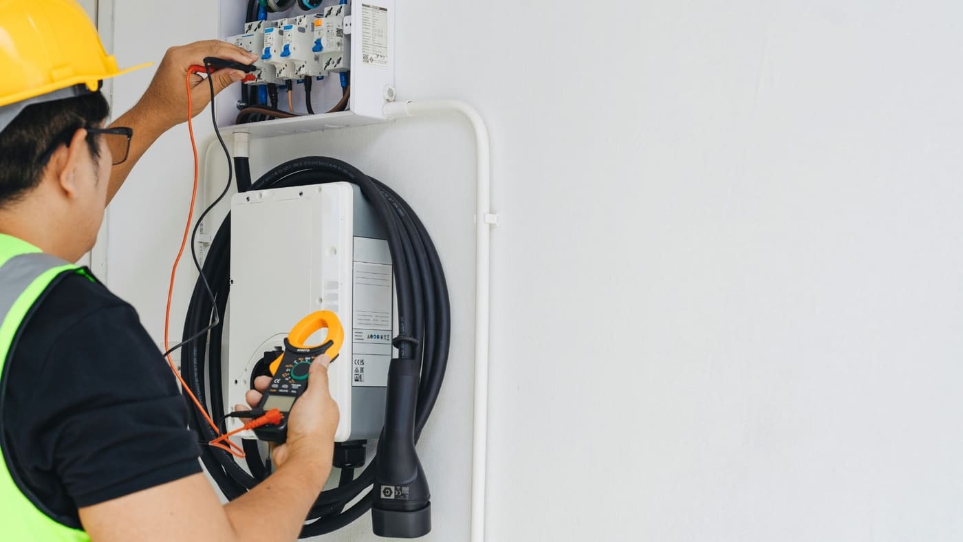 Electrician clamp-meter testing the dedicated circuit for a wall-mounted home EV charger