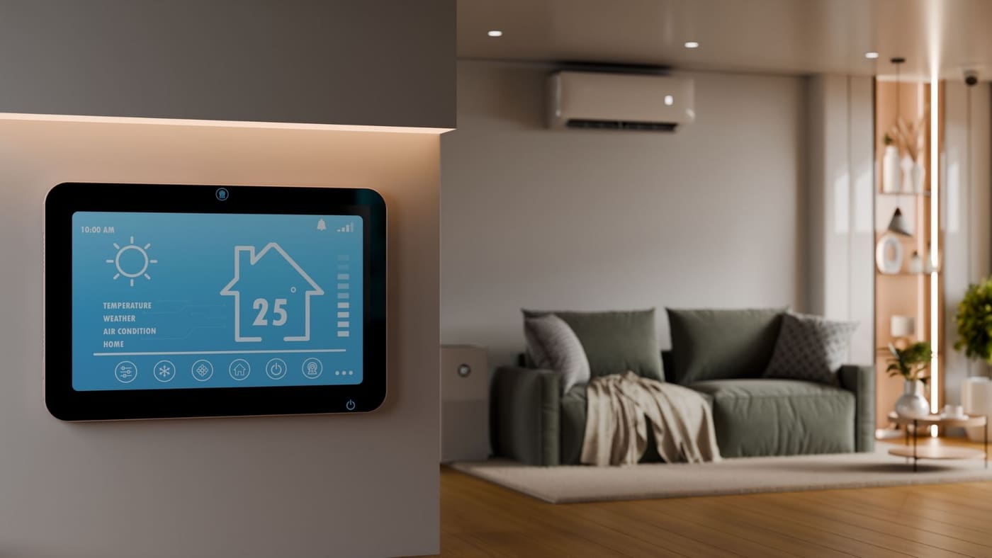 Wall-mounted smart home control panel showing temperature and automation settings