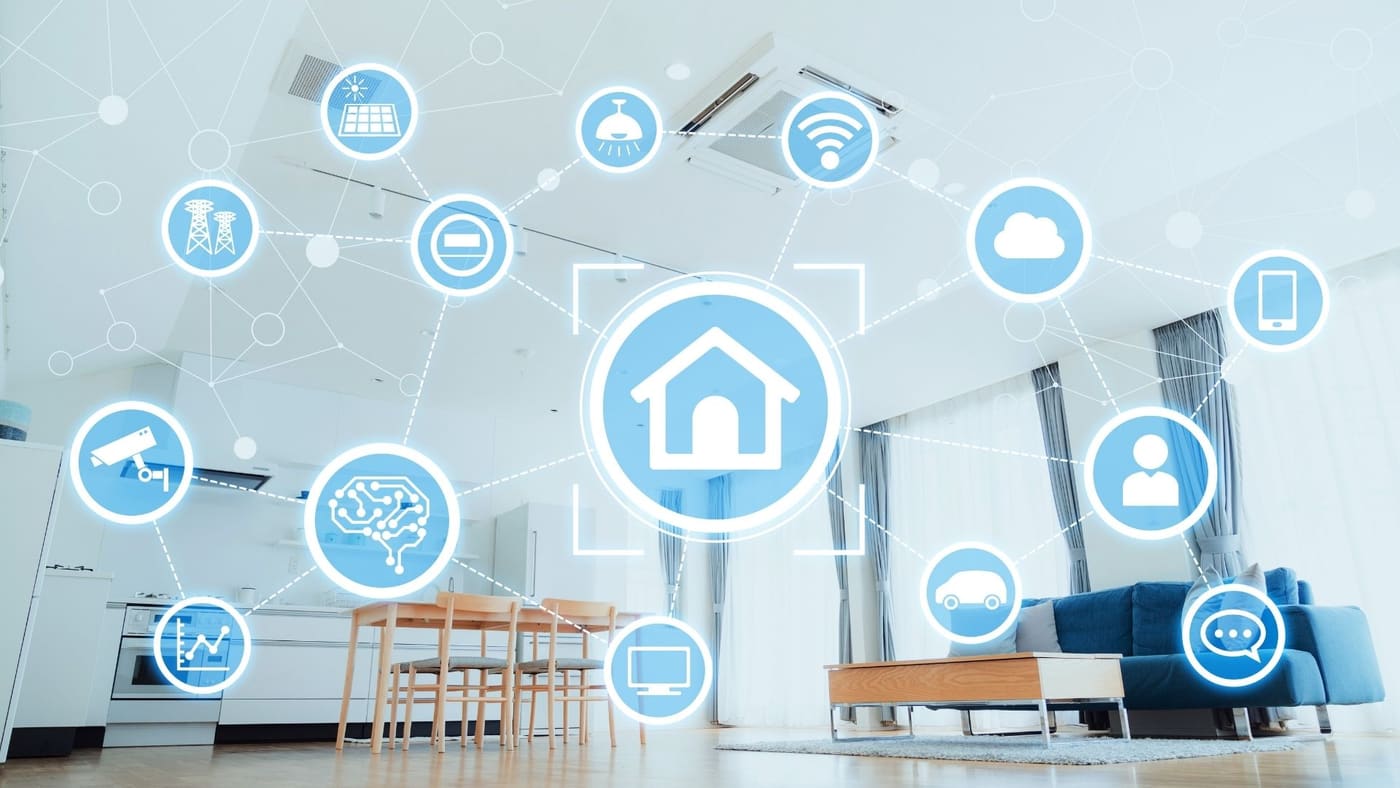 Connected smart home devices visualized across a bright home interior